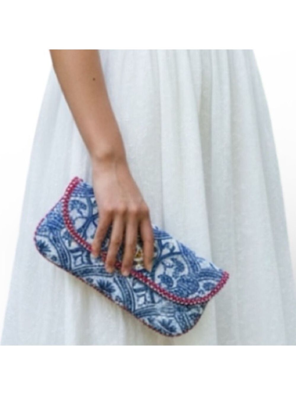 Blue and White with Red Trim Boho Print Coated Cotton Clutch or Makeup Case
